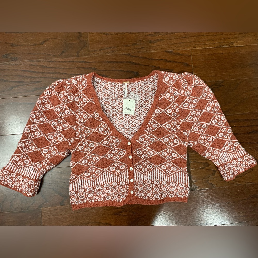NWT New Free People Geo Floral Cropped Cardigan in Terracotta Large - Picture 5 of 11